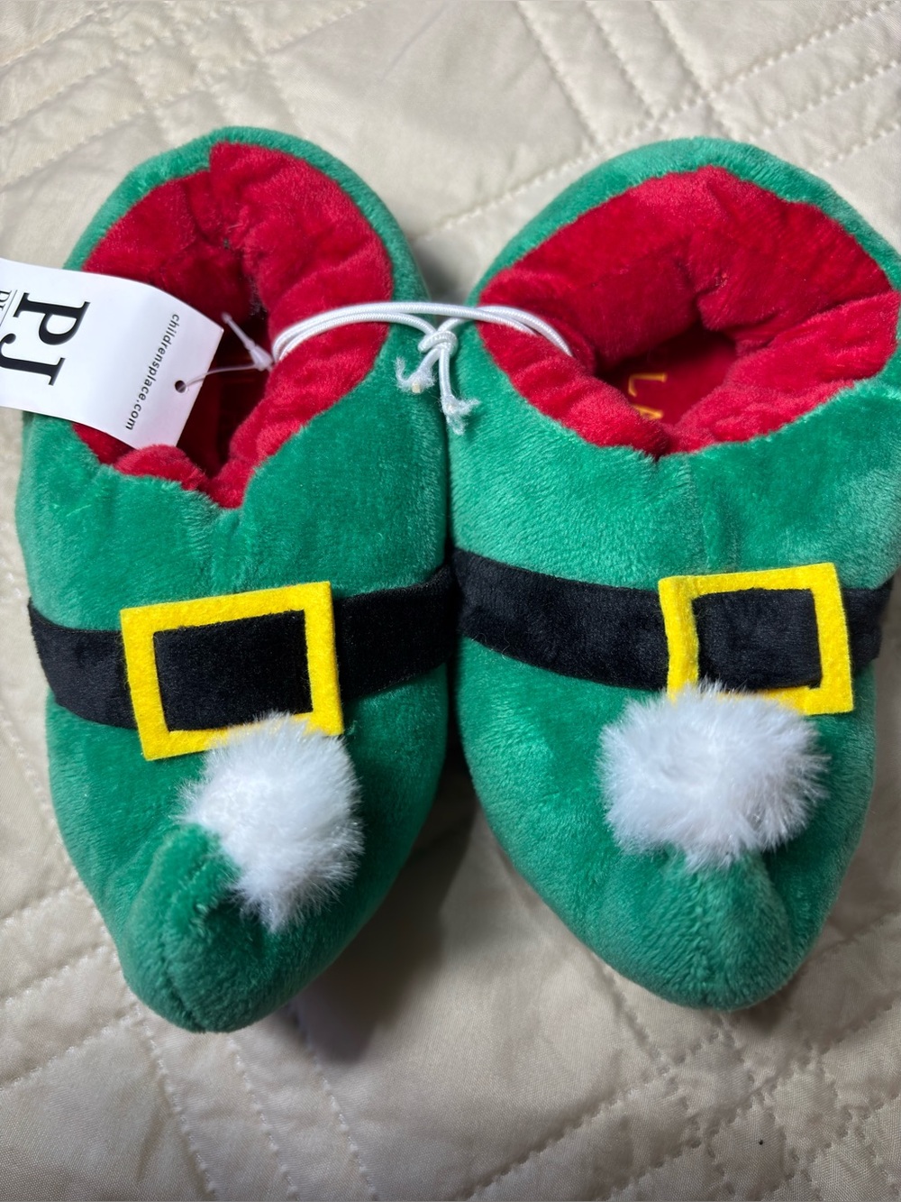 Children’s Place Size 6-7 Elf Slippers with Yellow Buckle Accent